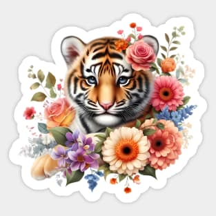 A baby tiger decorated with beautiful colorful flowers. Sticker